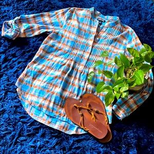 Lands End blue and peach plaid shirt (size 14)